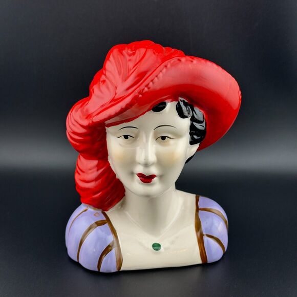 Vintage Lady Head Bust Figurine Ceramic Red Hat with Feather Hand Painted 5.5" H - Picture 2 of 8